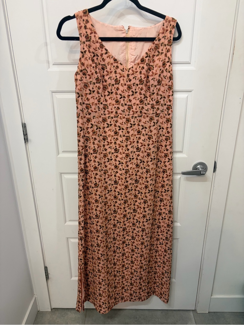 Vintage Peach Pink Floral Velvet Burnout Maxi Dress Sleeveless V-Neck